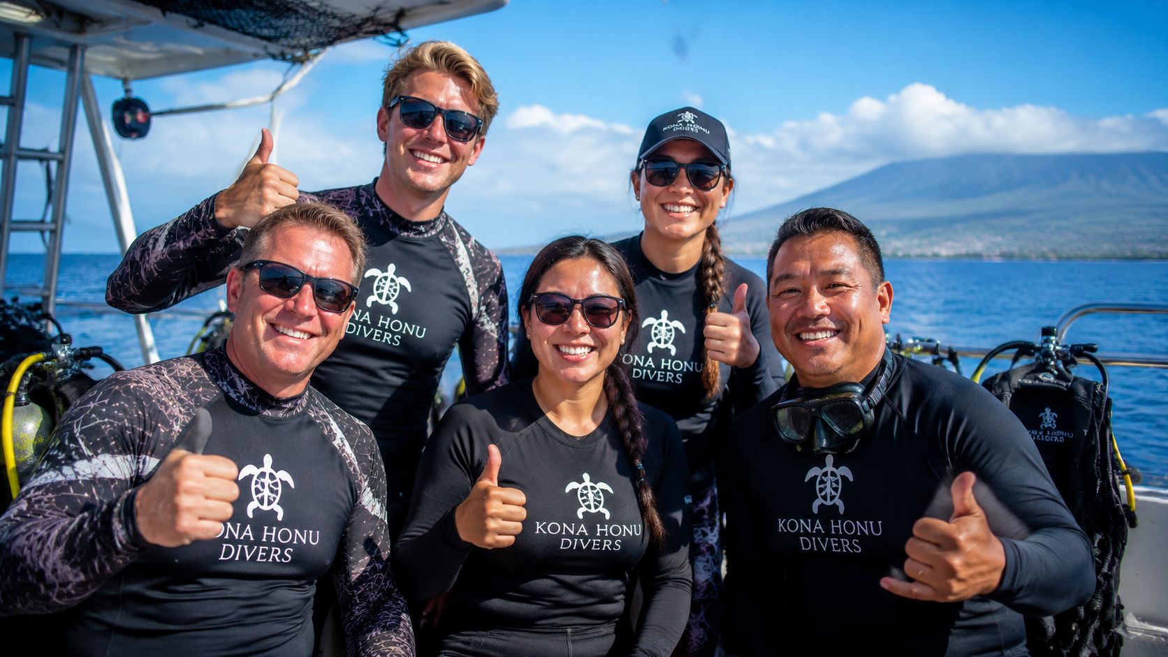 A group of five smiling scuba divers in Kona Honu Divers gear giving thumbs up on a boat.