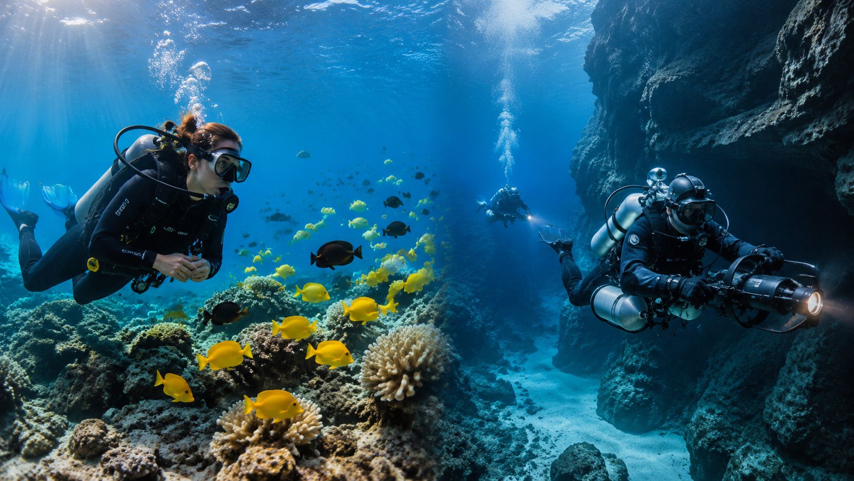 Scuba divers exploring vibrant coral reefs and underwater rock formations off the coast of Big Island