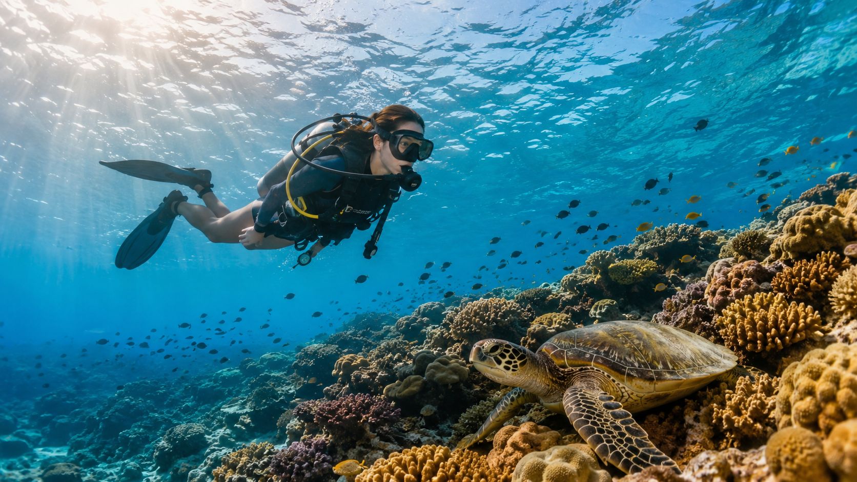 A scuba diver explores a vibrant coral reef while swimming alongside a majestic sea turtle underwater.
