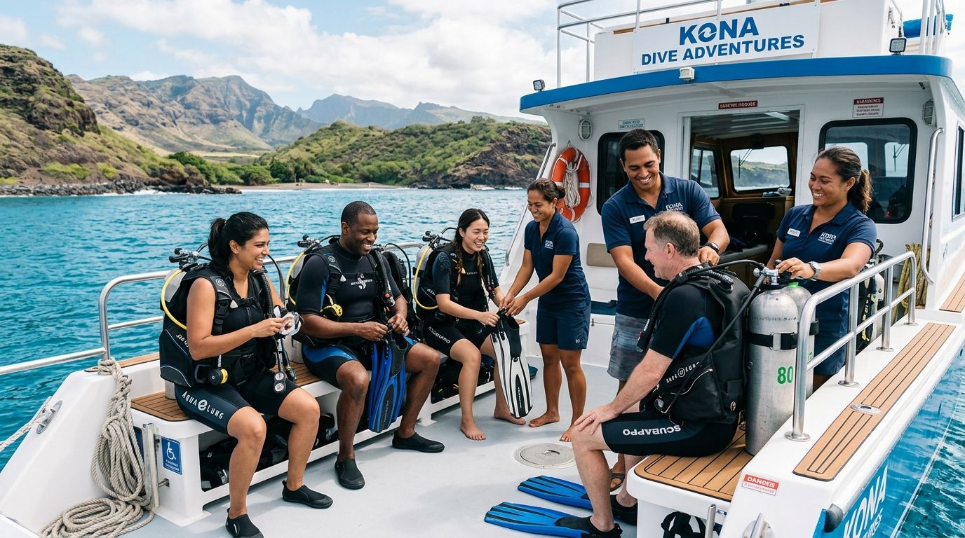 A group of people prepare for scuba diving on a Kona Dive Adventures boat near a coastline.