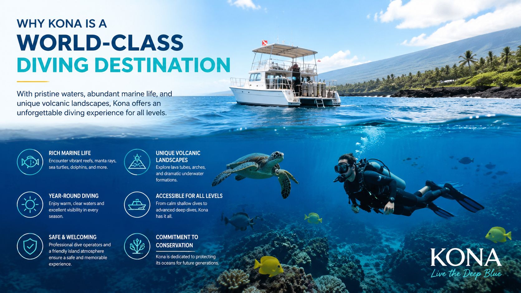 A scuba diver swims with a sea turtle in Kona, Hawaii's clear waters, highlighting world-class diving destination features.