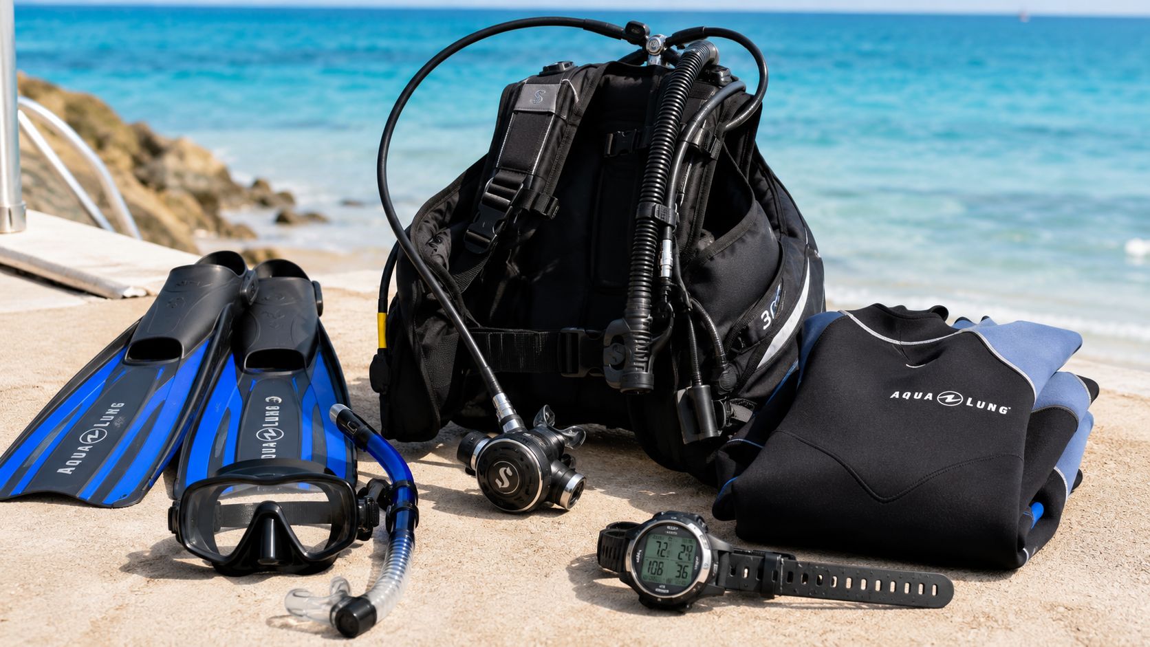 Scuba diving equipment including a buoyancy compensator, fins, mask, snorkel, regulator, and wetsuit on a beach.