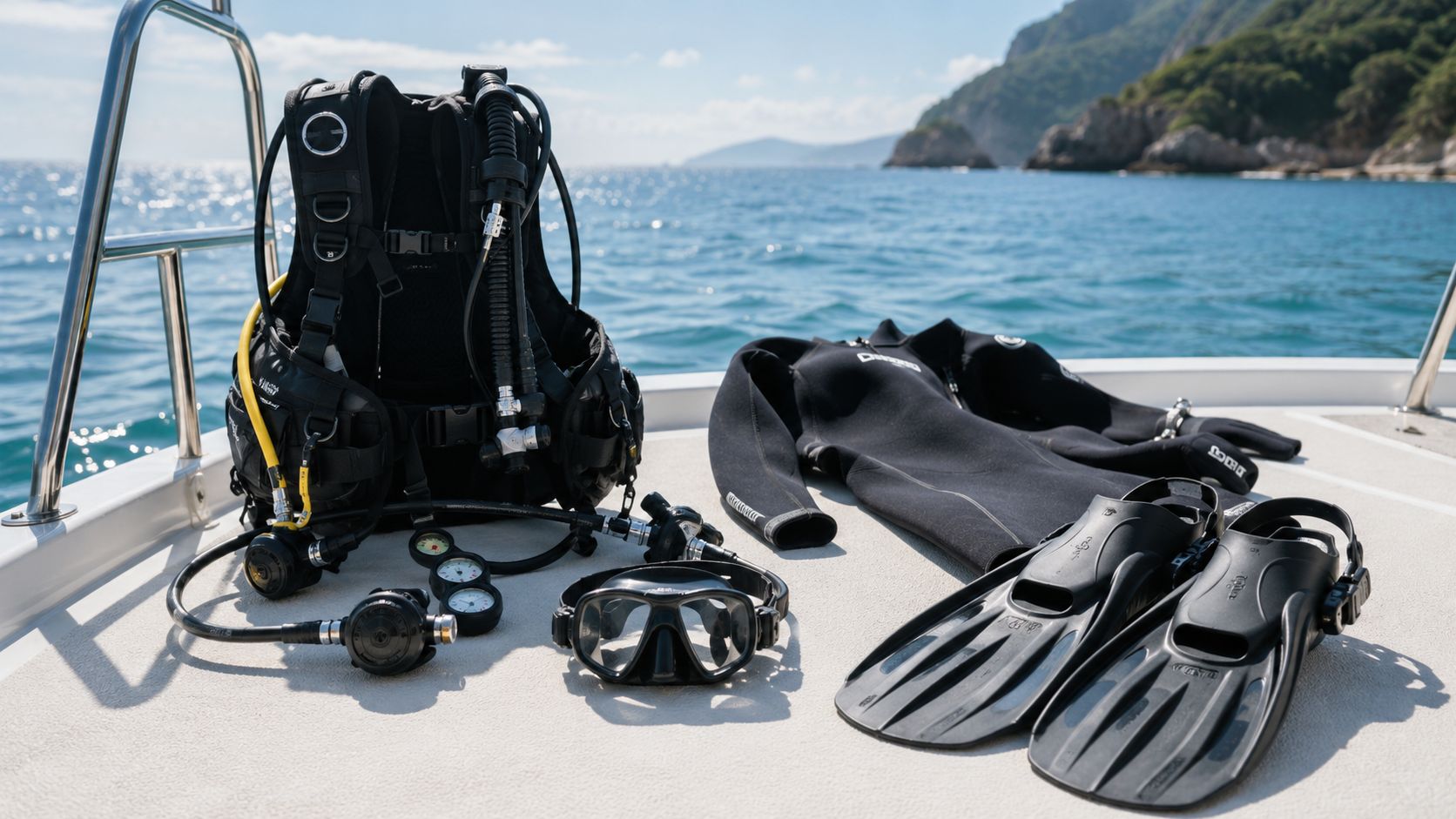Scuba diving equipment including a buoyancy compensator, wetsuit, mask, and fins on a boat deck.