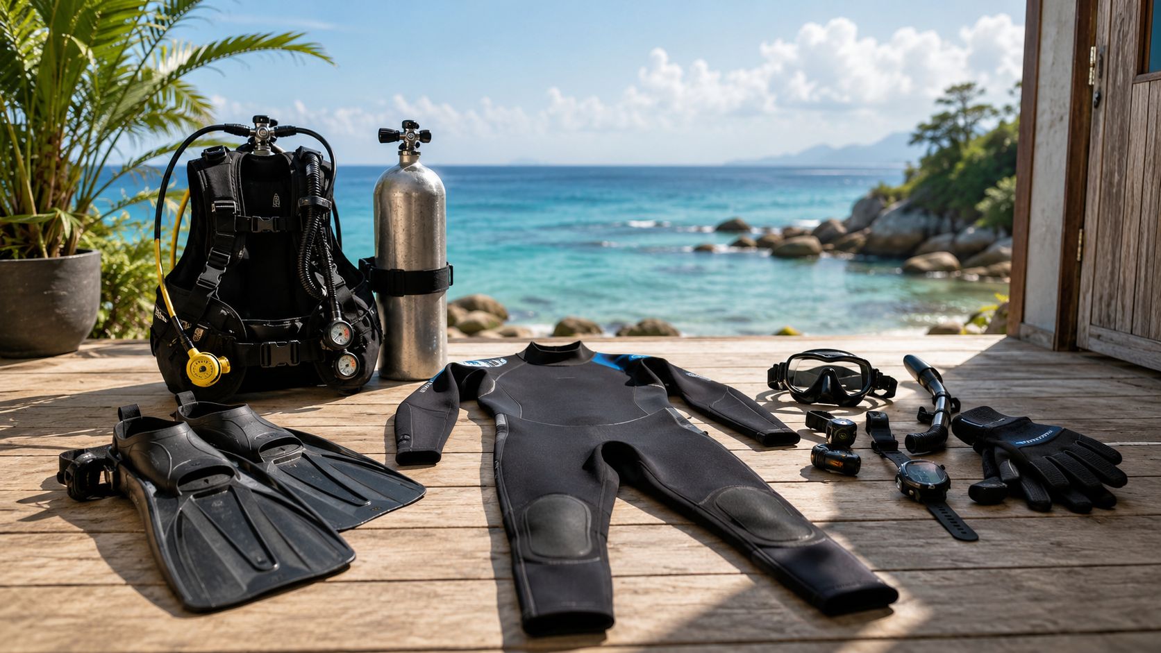 Scuba diving equipment including a wetsuit, oxygen tank, fins, mask, and accessories on a wooden deck by the ocean.