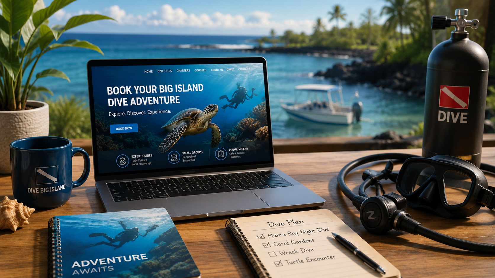 A laptop showing a Hawaii scuba diving website on a wooden desk with snorkeling gear and planning notes.