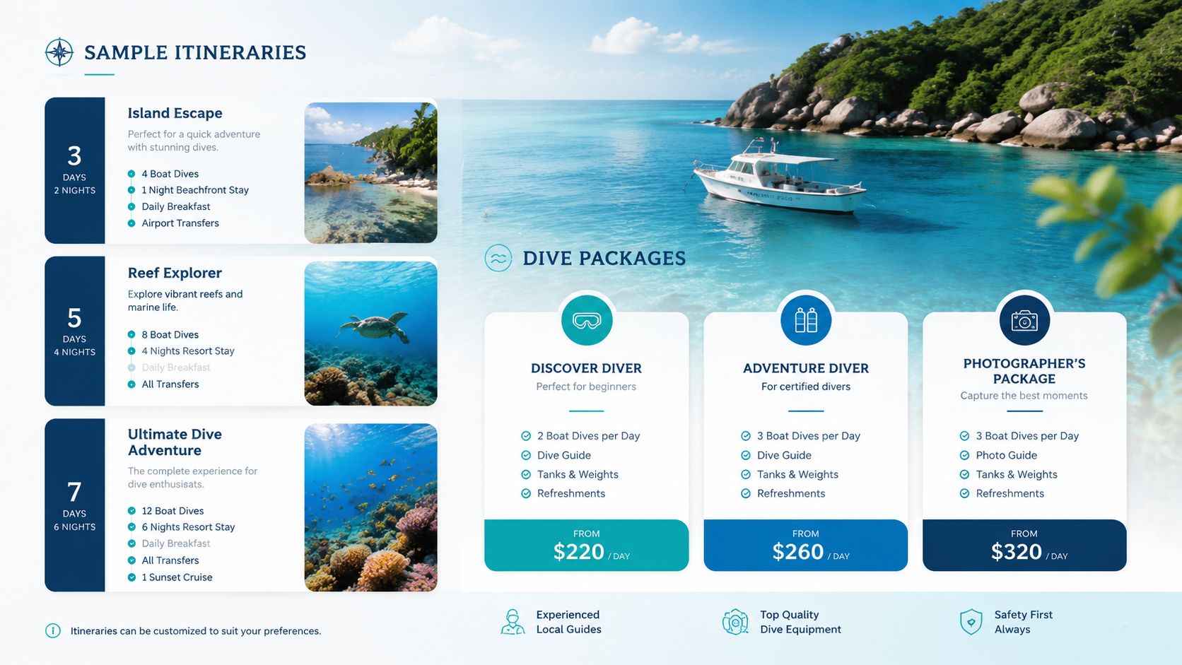 A travel brochure showcasing scuba diving holiday itineraries and various dive package options in a tropical island setting.