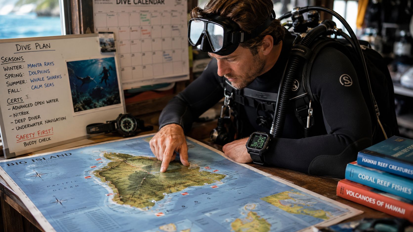 A professional scuba diver studying a map of the Big Island while planning an upcoming ocean adventure.