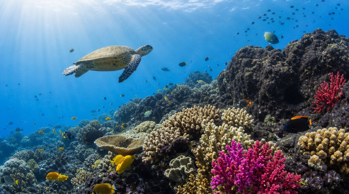 A sea turtle swimming gracefully over a vibrant coral reef filled with colorful tropical fish and corals.