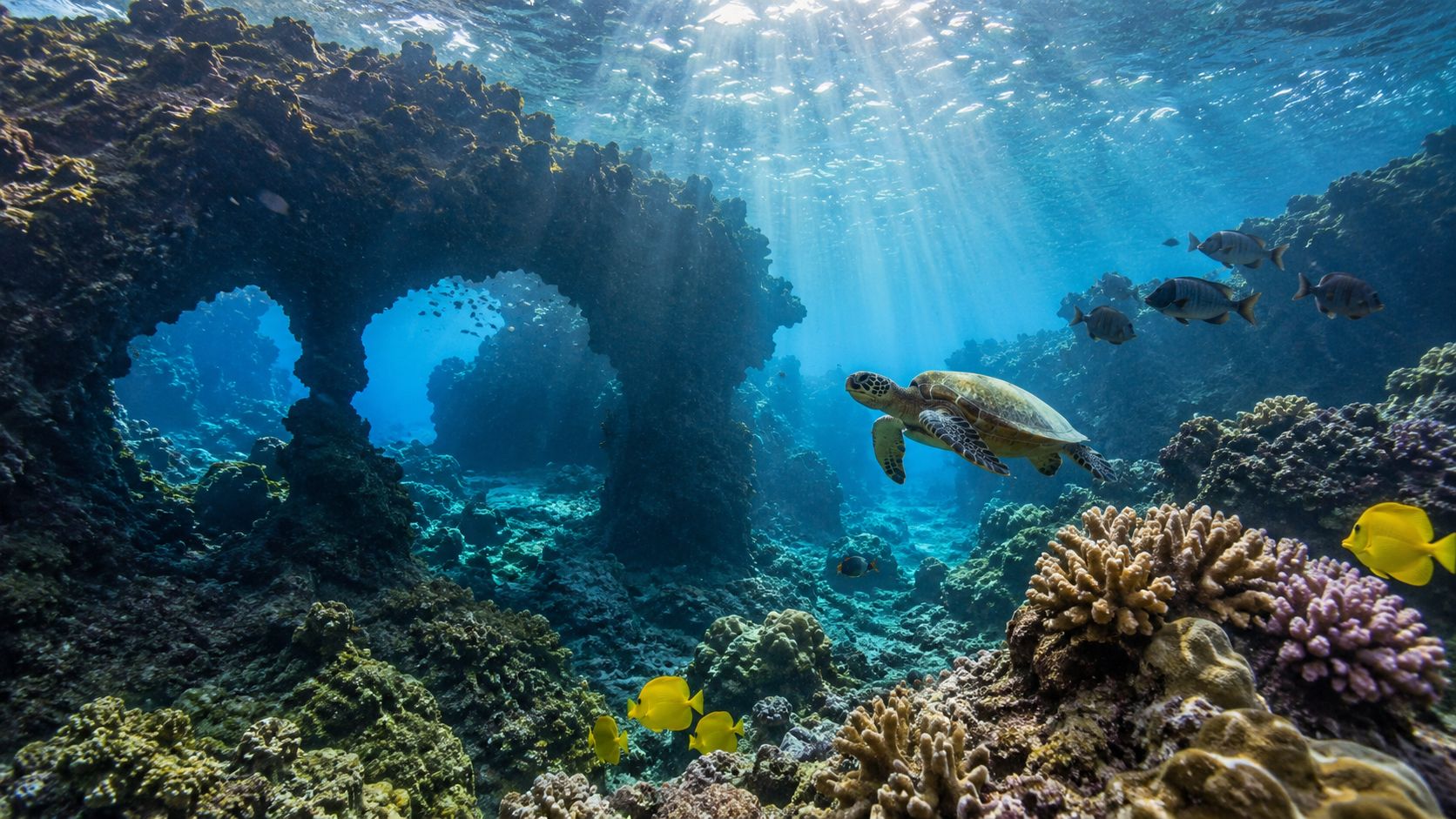 A sea turtle swims through a beautiful underwater coral reef archway near the Big Island.