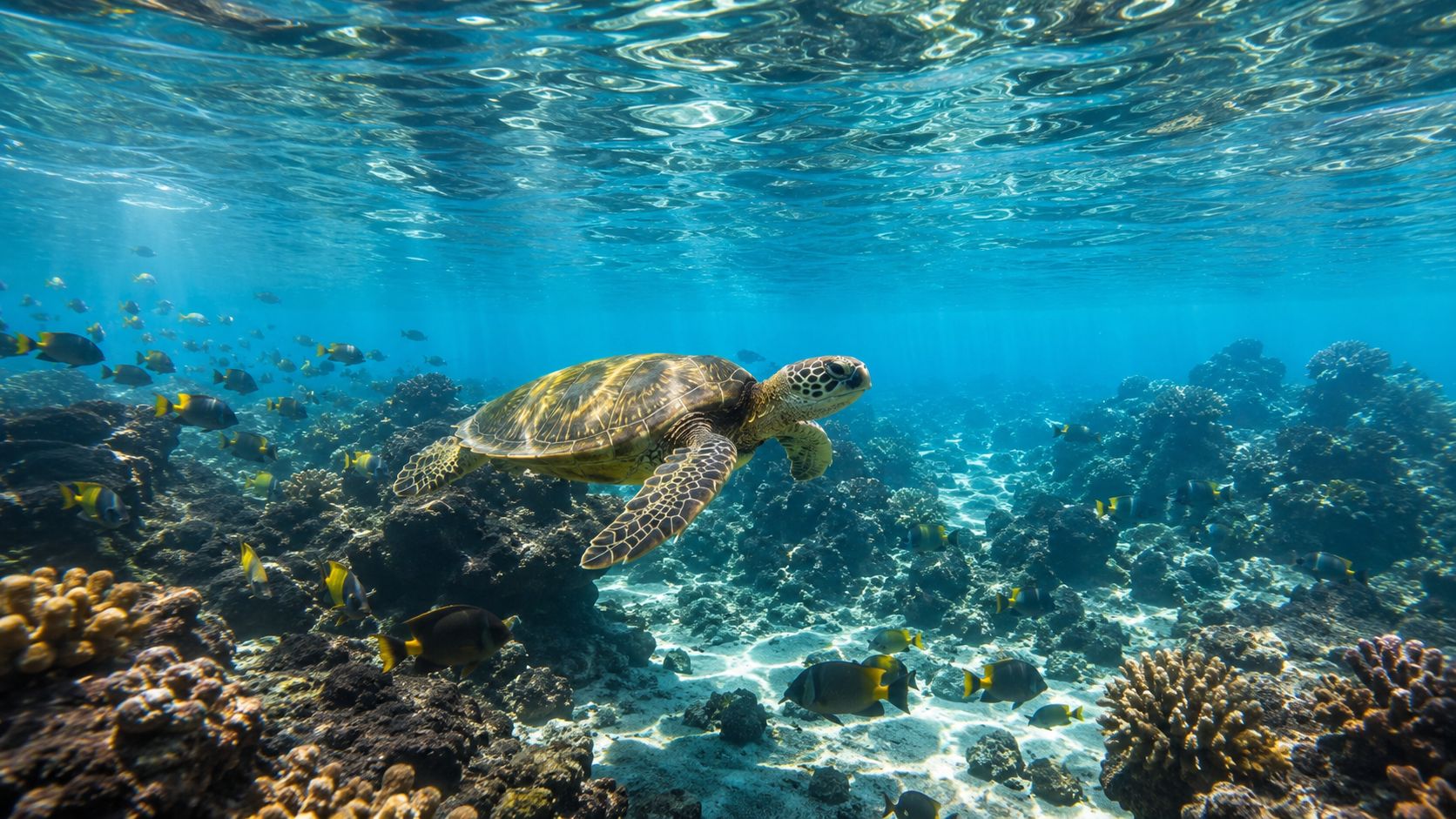 A green sea turtle swims gracefully above a vibrant coral reef surrounded by tropical fish in Hawaii.