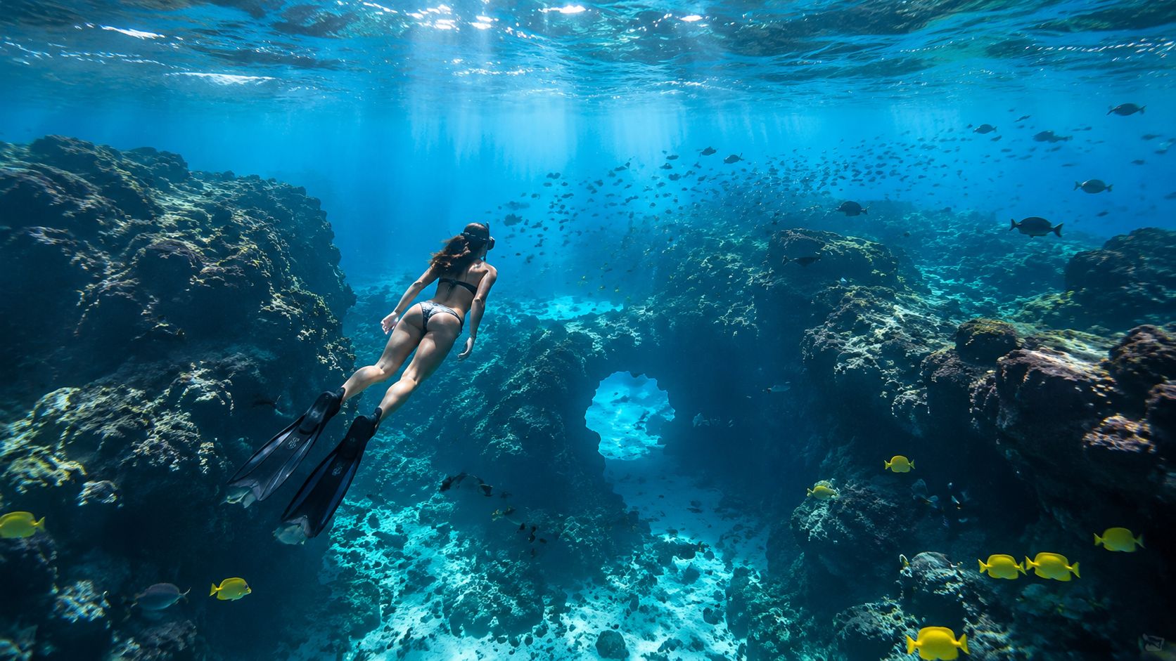 A woman snorkeling through a clear blue underwater lava archway near the Big Island in Hawaii