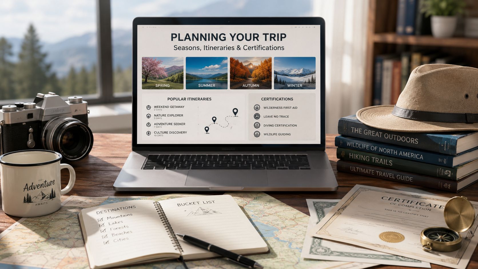 A laptop showing a travel planning website surrounded by a camera, books, a notebook, and a compass.