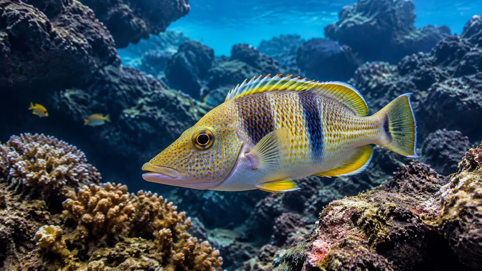 A vibrant yellow tropical fish swimming through clear blue water near a colorful coral reef
