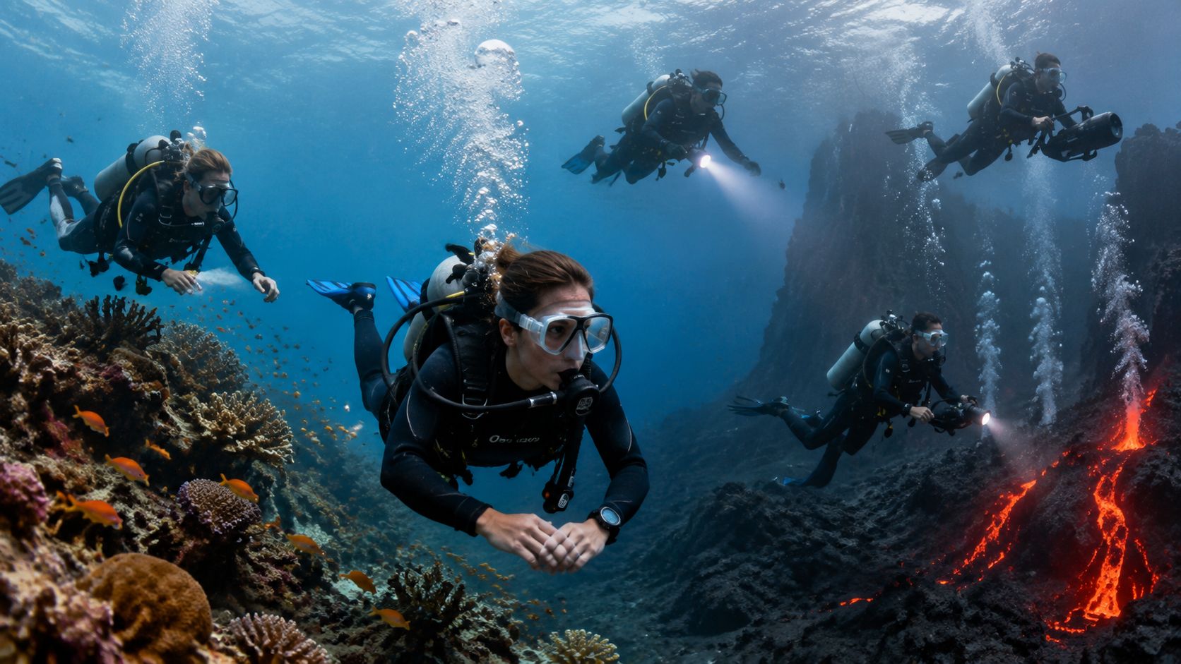 Several scuba divers exploring an underwater volcanic rift with lava flowing on the ocean floor near coral