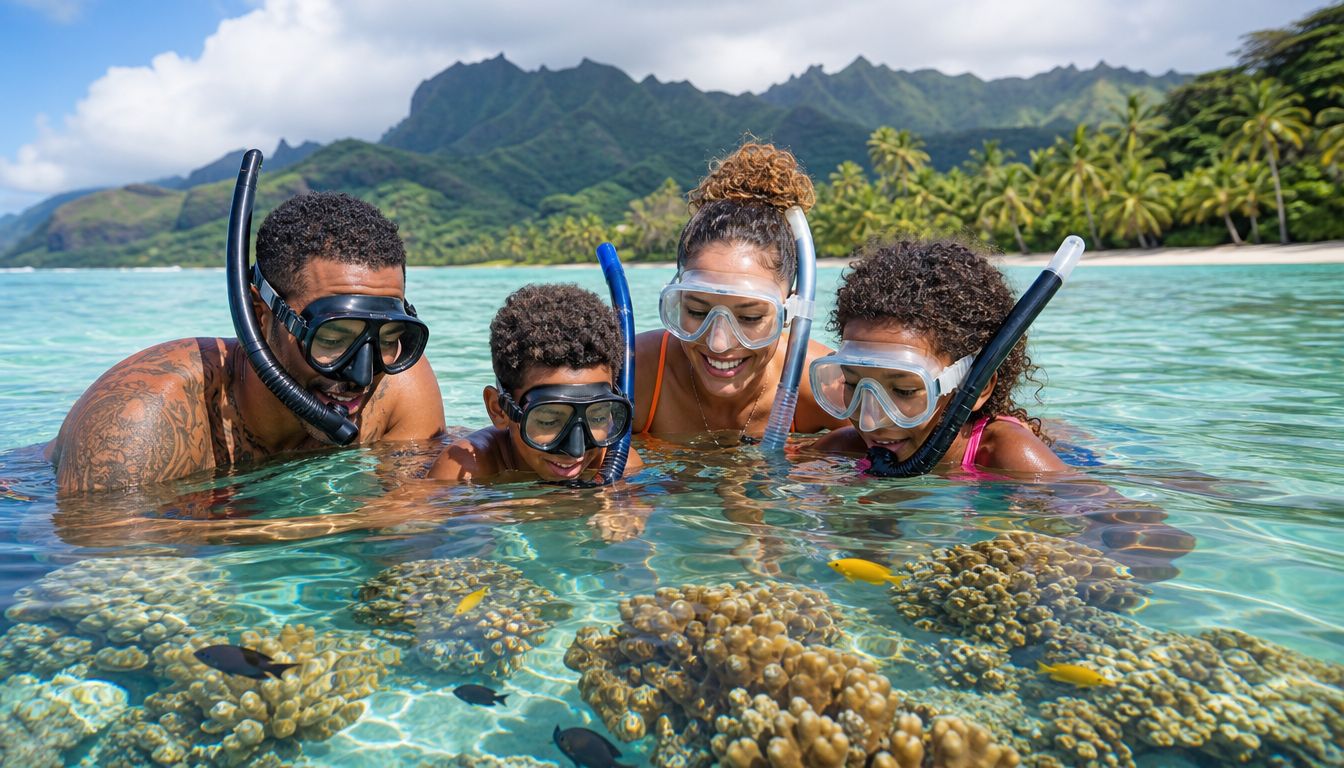 A family of four wearing snorkeling gear exploring a vibrant coral reef in clear tropical Hawaiian waters.