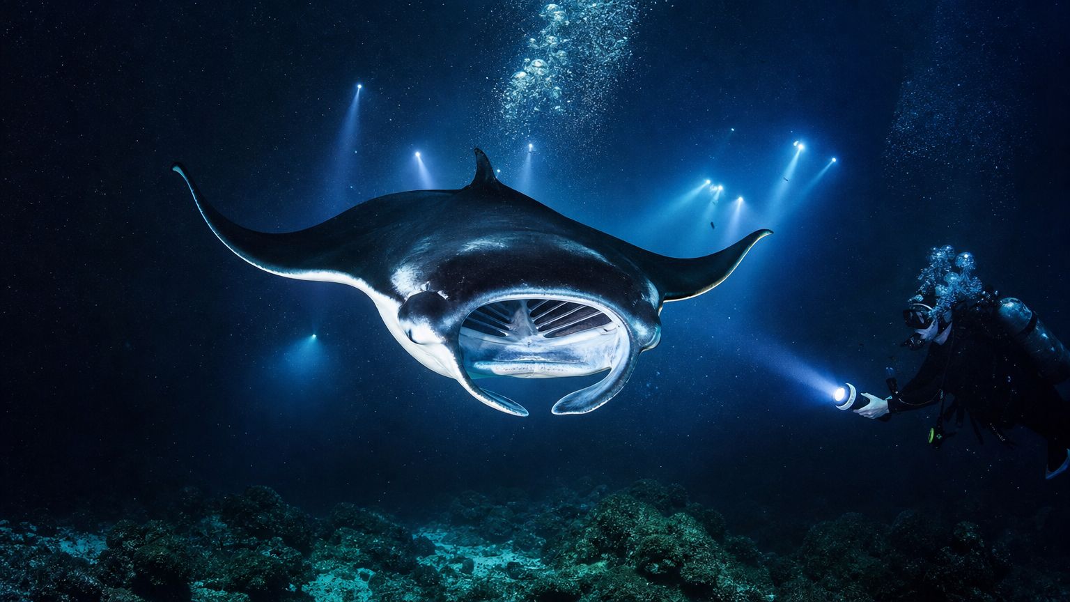 A scuba diver explores the deep ocean at night with a manta ray swimming nearby.