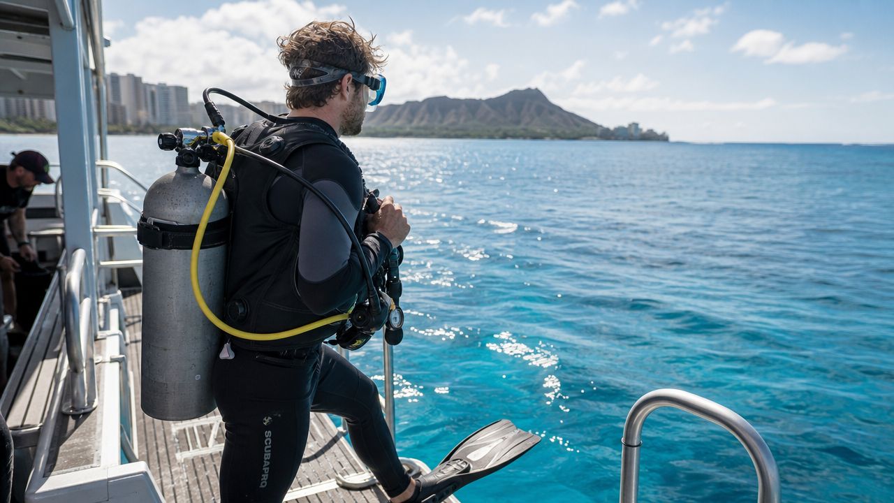 A scuba diver wearing full gear prepares to jump into the clear blue water near Diamond Head, Hawaii.