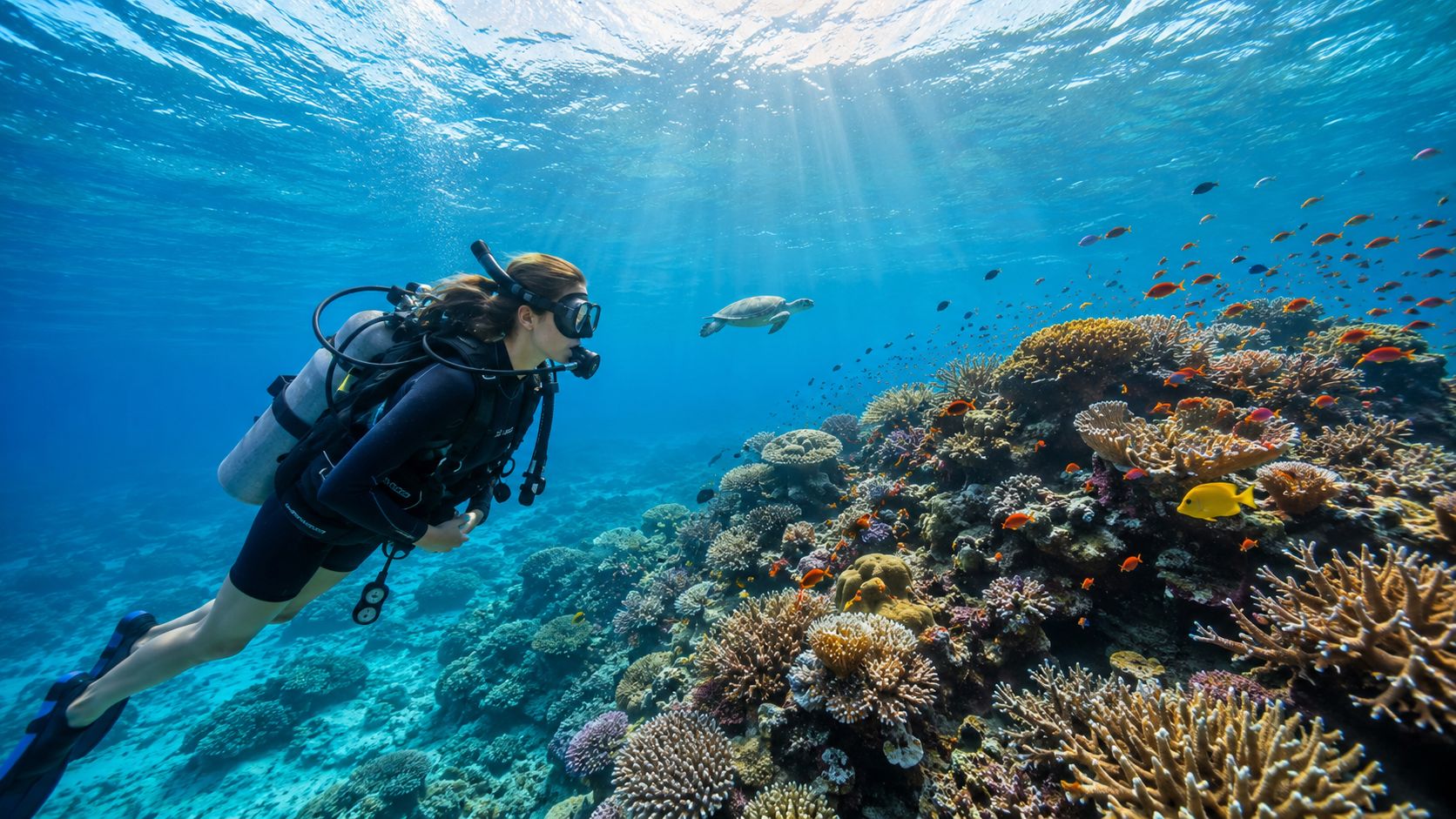 A scuba diver swims near a vibrant coral reef while a sea turtle glides through the clear water.