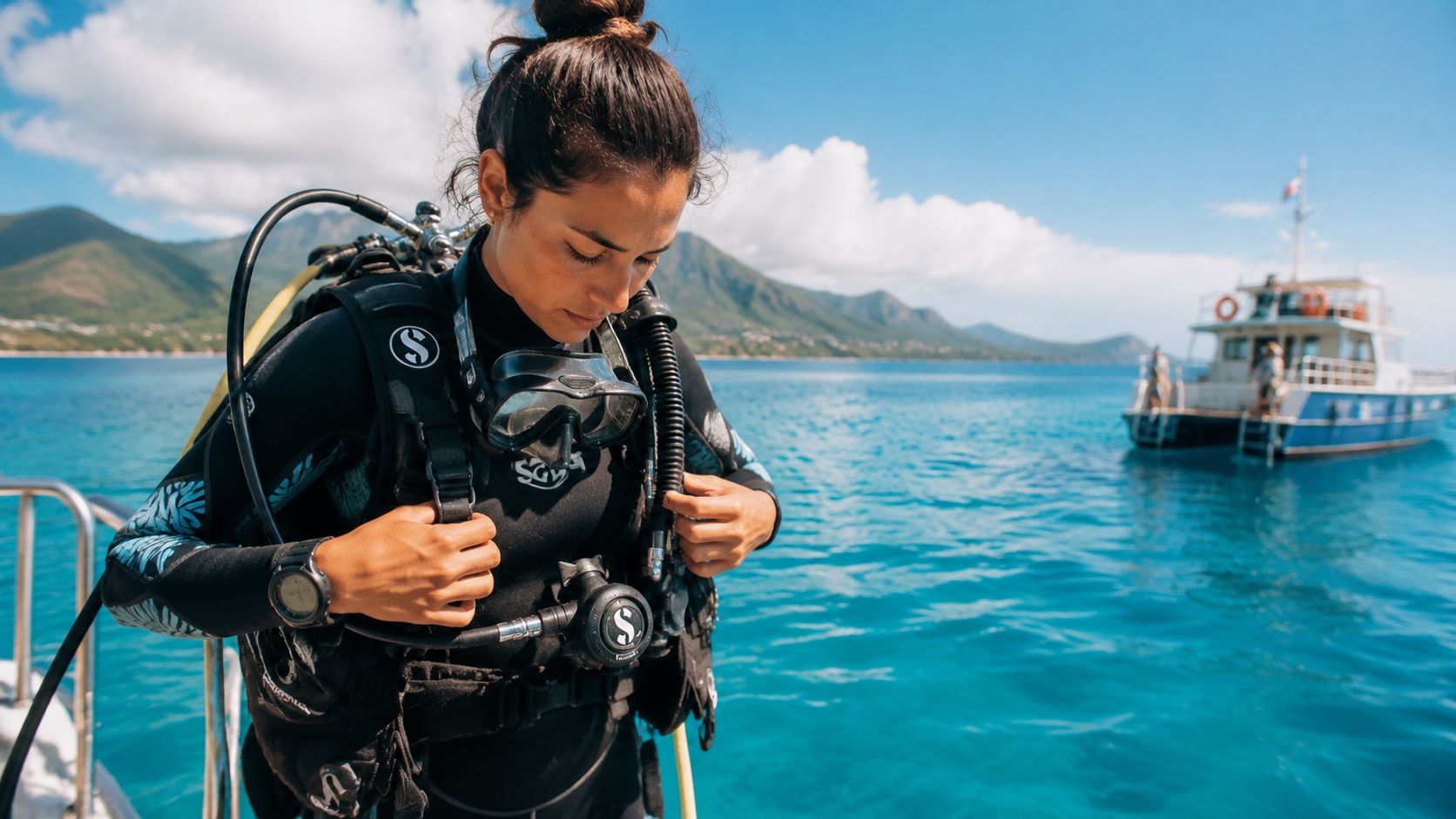 A female scuba diver adjusting her equipment while standing on a boat in tropical waters.