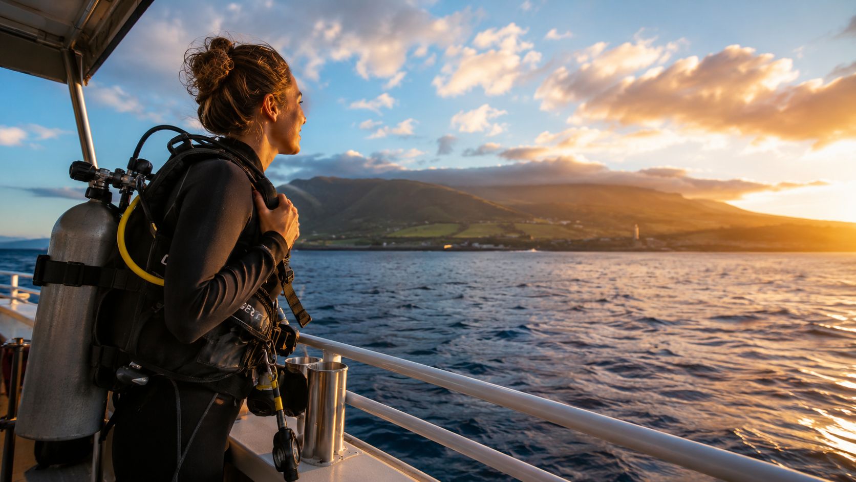 A female scuba diver standing on a boat looking at the beautiful sunset over the ocean.