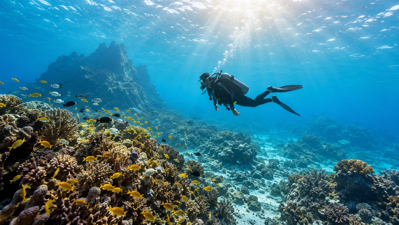 A scuba diver explores a vibrant tropical coral reef filled with schools of colorful fish underwater.