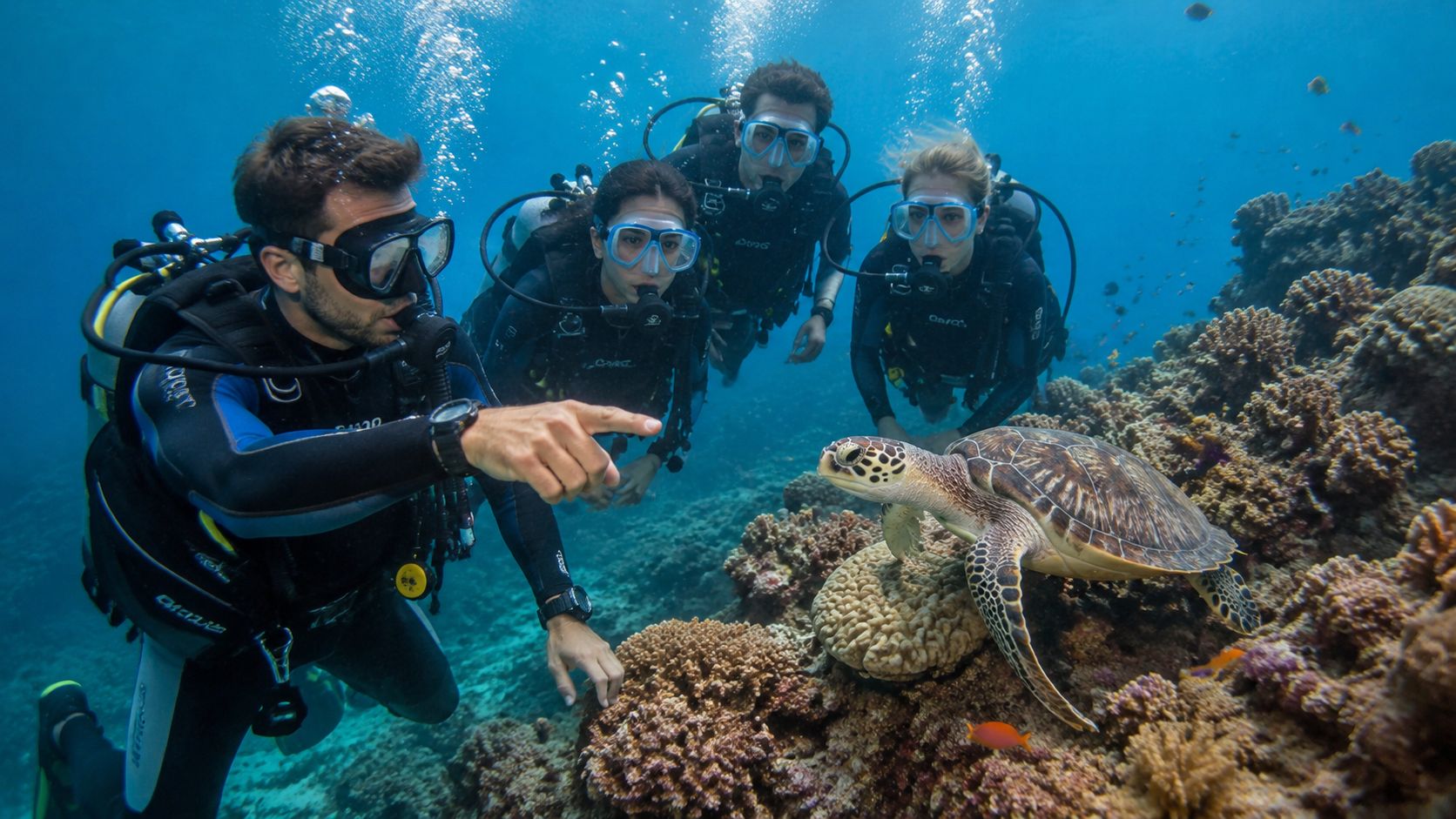 A group of four scuba divers observing a sea turtle near a vibrant coral reef in the ocean.