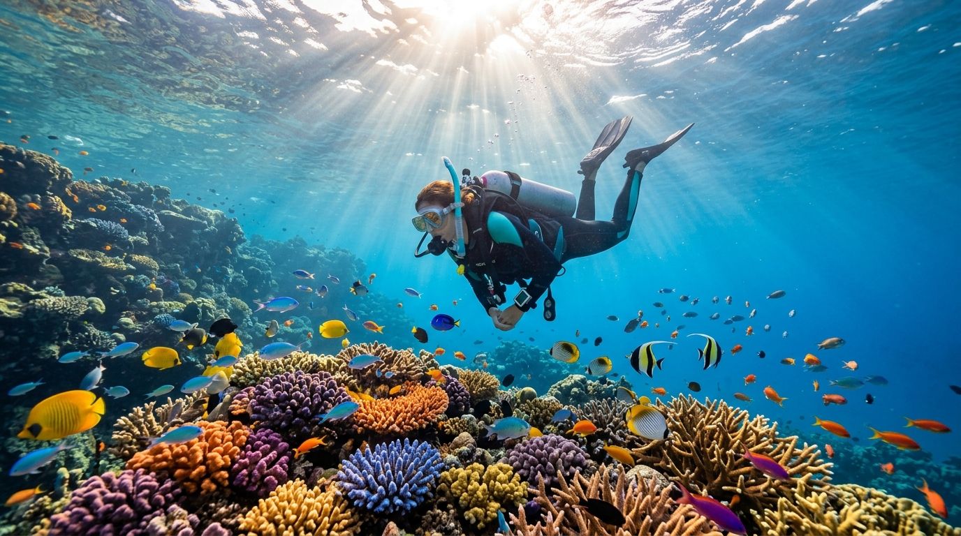 A scuba diver explores a colorful coral reef teeming with various tropical fish under bright sunlight