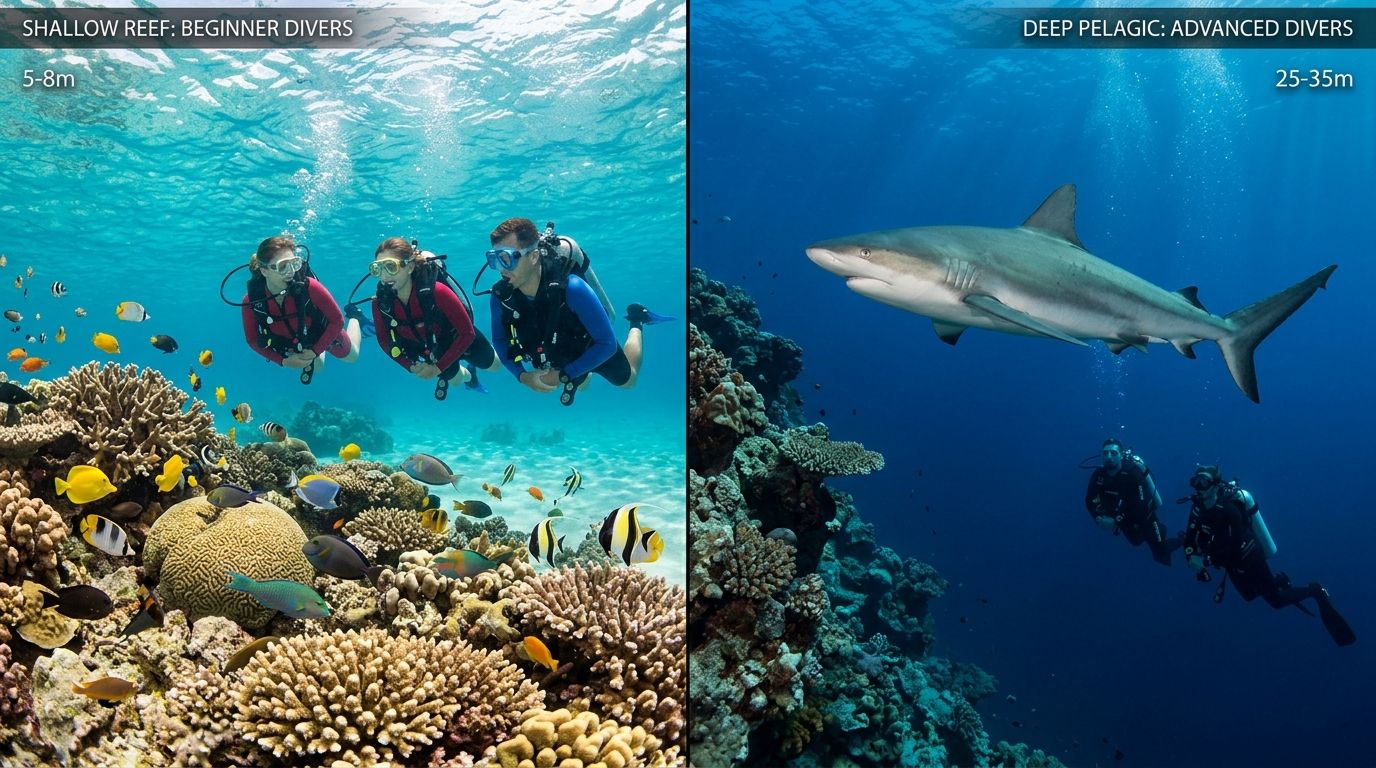 A split screen comparing shallow reef diving for beginners and deep pelagic diving for advanced divers.