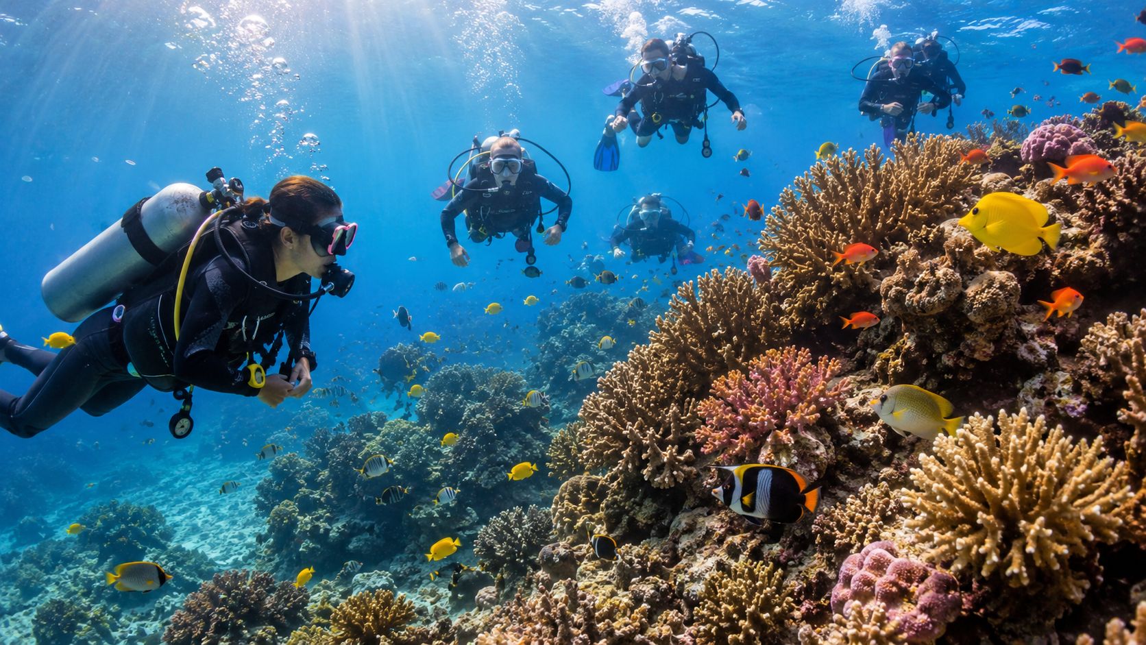 Scuba divers exploring a vibrant coral reef filled with colorful tropical fish in crystal clear blue ocean water.