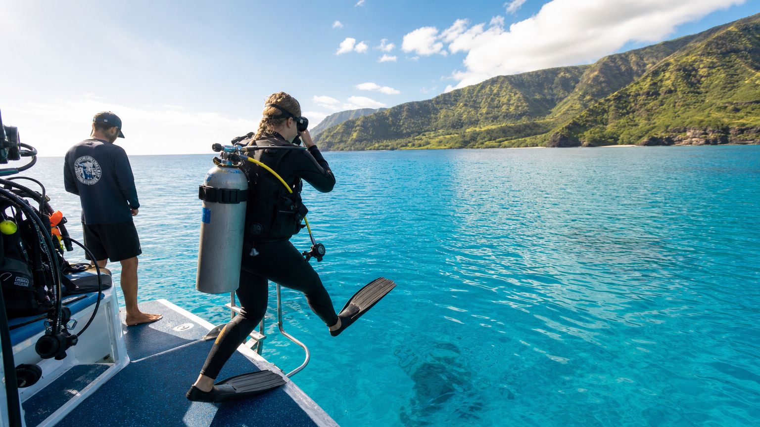 A scuba diver wearing full gear prepares to jump into the clear blue water from a boat.
