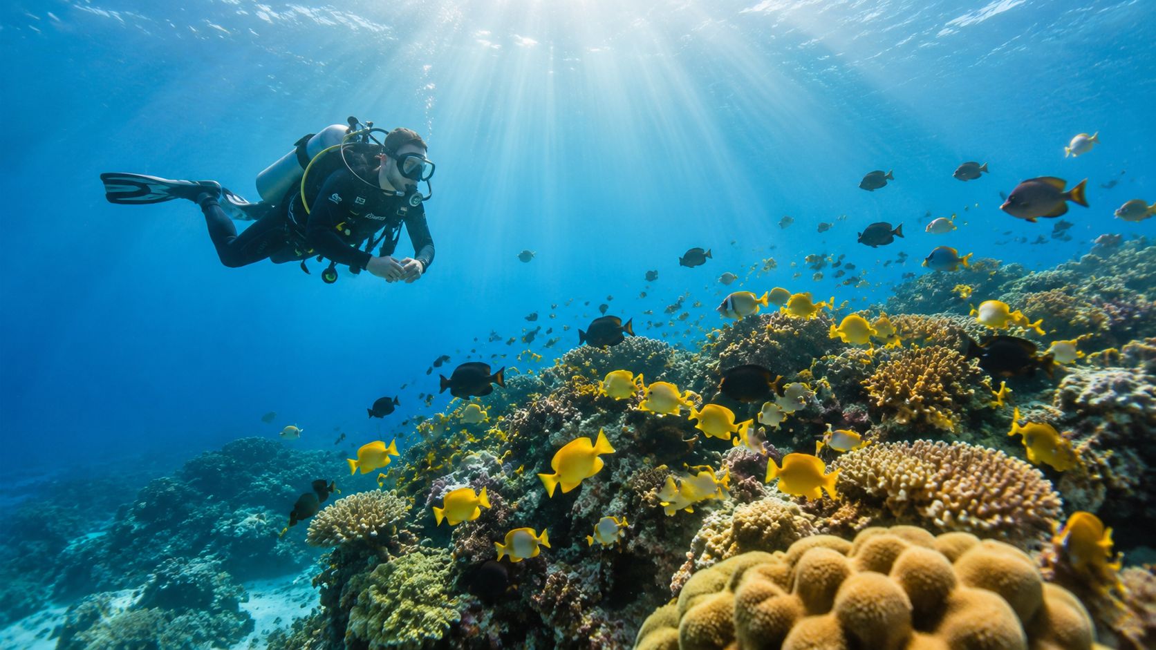 A scuba diver swimming gracefully alongside vibrant coral reefs populated by many tropical fish in clear water.