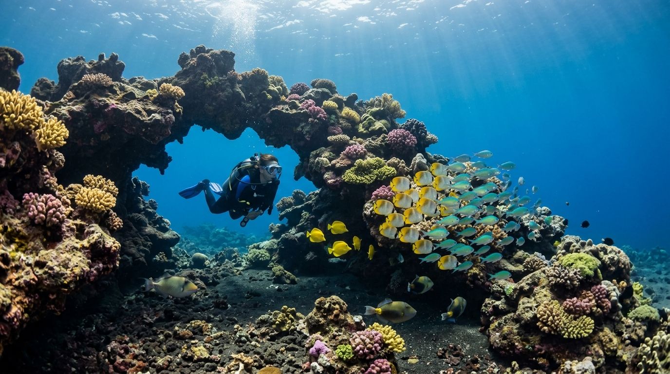 A scuba diver swimming through a natural coral reef arch surrounded by tropical fish in blue water.