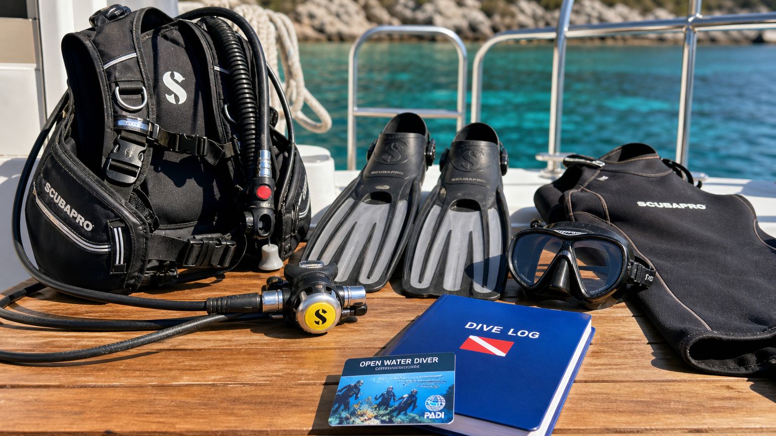 Scuba diving equipment including a buoyancy compensator, fins, mask, regulator, dive log, and PADI certification card on a boat.