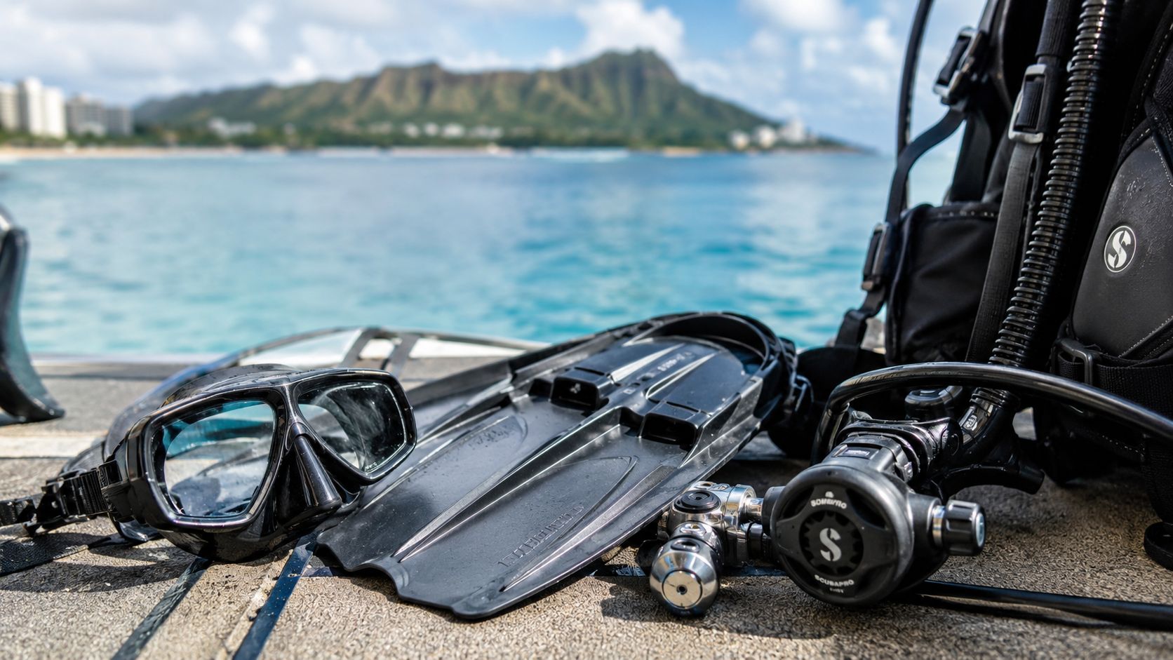 Scuba diving equipment including a mask, fins, and regulator resting on a boat deck in Hawaii.