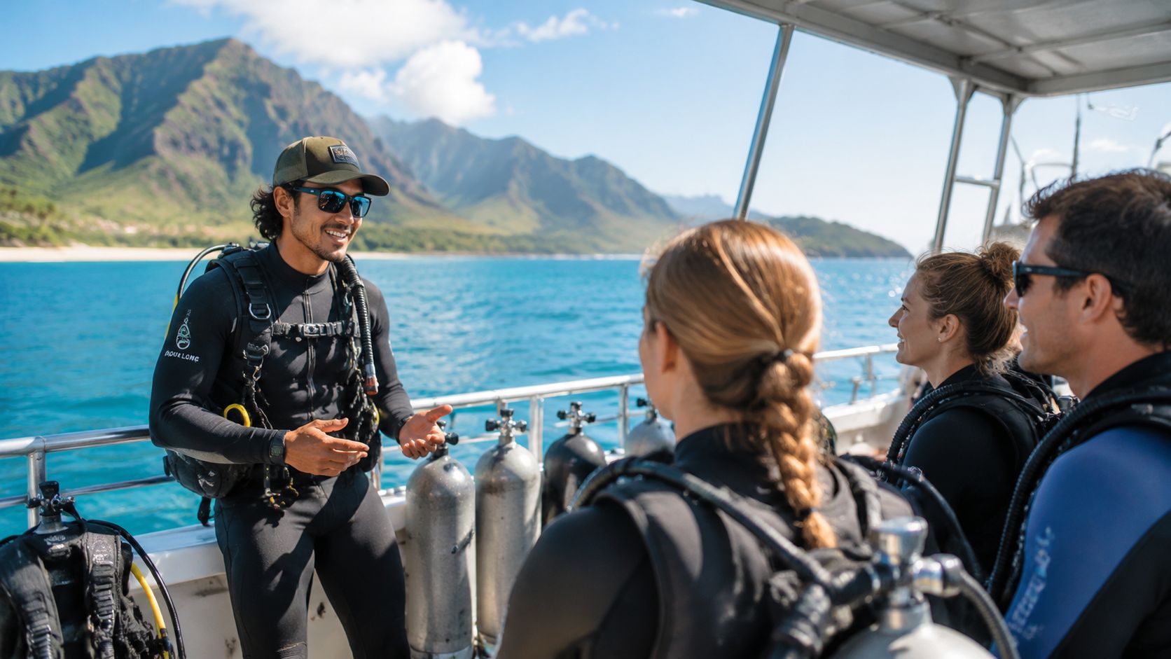 A scuba diving instructor talks to a group of divers on a boat in Hawaii.