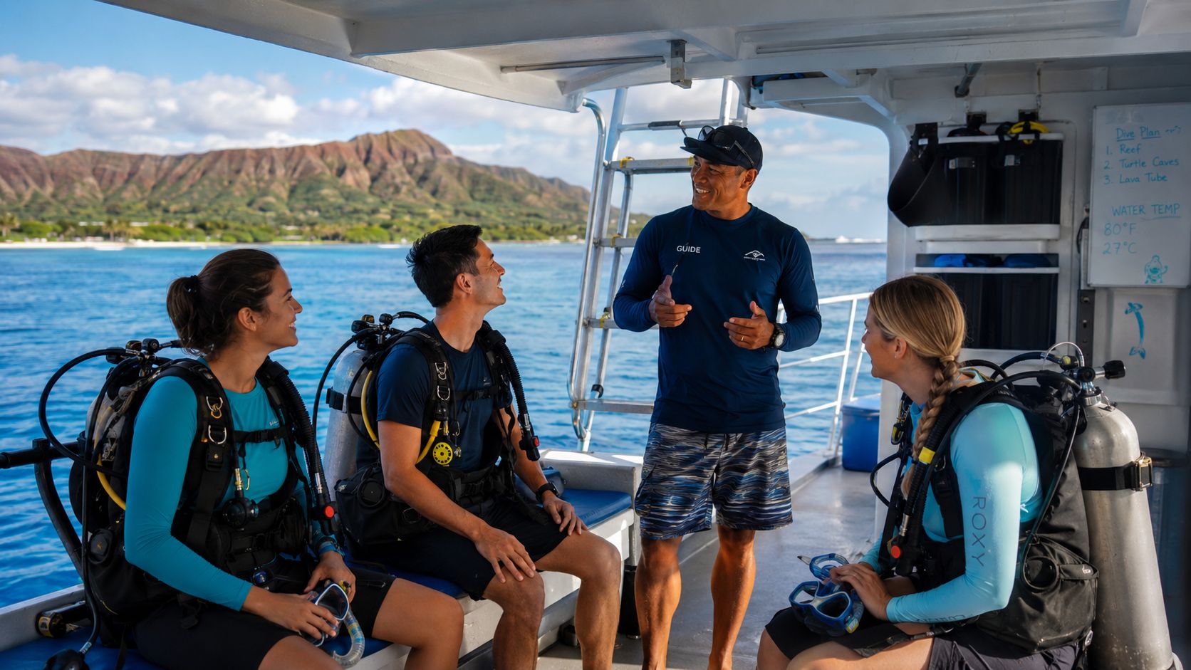 A diving guide gives instructions to a group of three divers on a boat in Hawaii.