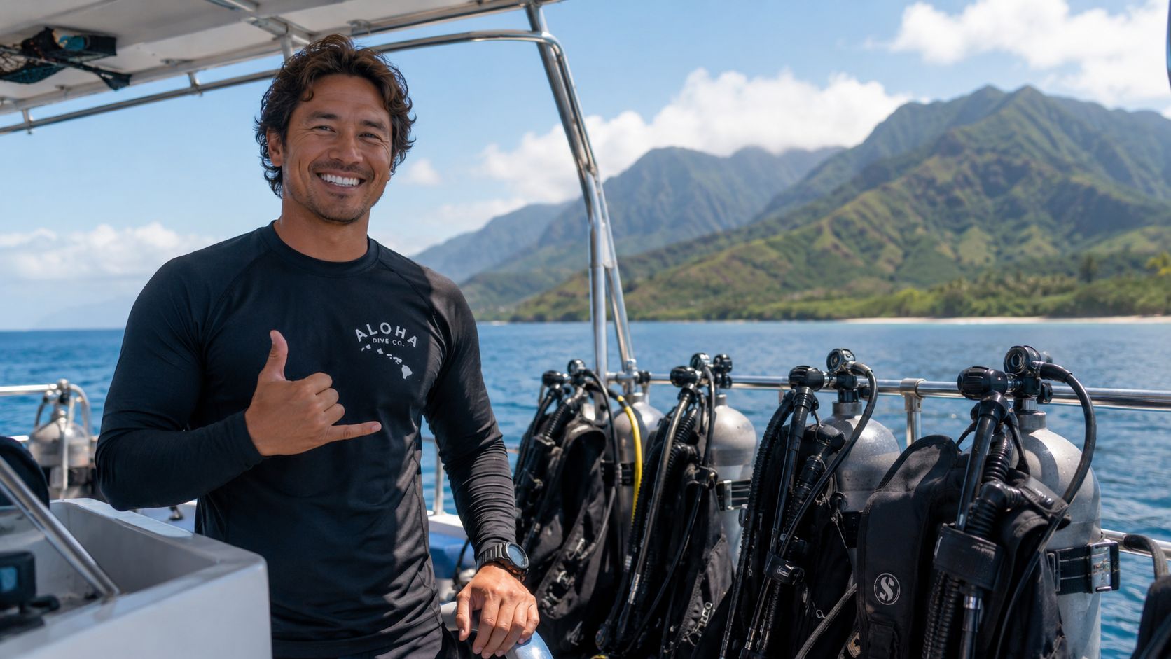 A smiling diving instructor wearing a black rash guard gives the shaka sign on a boat in Hawaii.