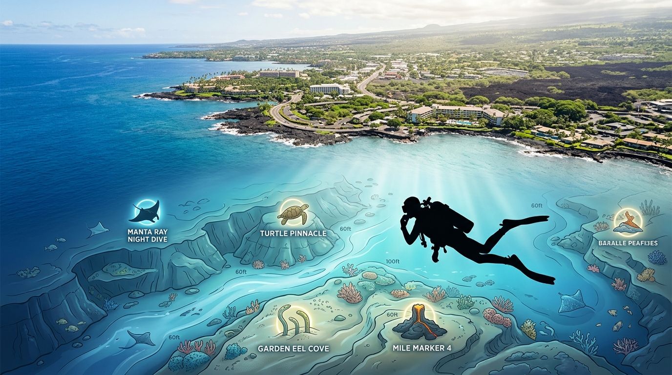 An underwater illustration showing various scuba diving sites off the coast of Hawaii with labeled locations.