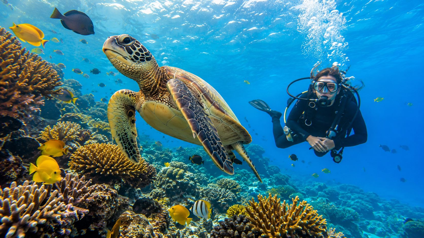 A scuba diver swims underwater alongside a sea turtle near a vibrant and colorful coral reef.