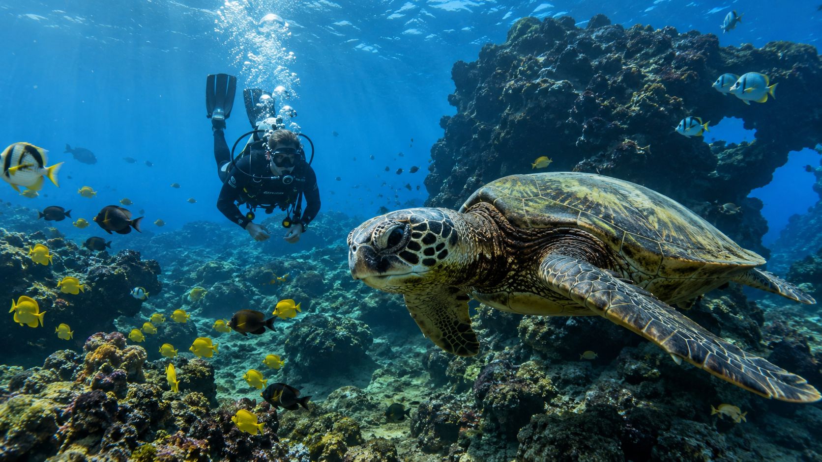 A scuba diver swims near a large green sea turtle amidst colorful coral reefs and tropical fish.