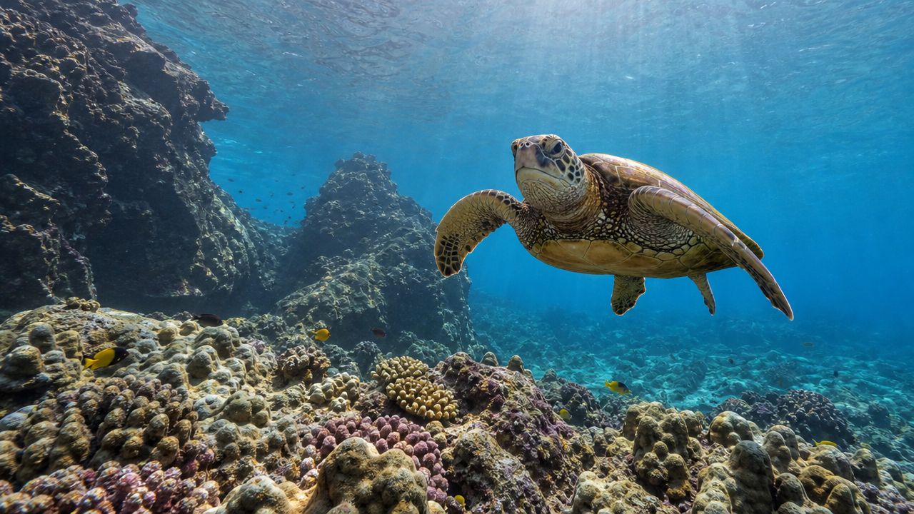 A sea turtle swimming gracefully over a vibrant coral reef in clear blue Hawaiian tropical waters.