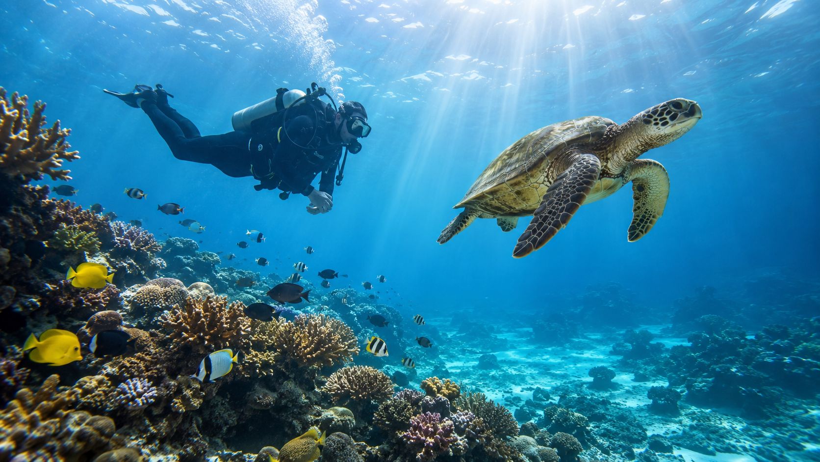 A scuba diver swims near a sea turtle above a colorful coral reef in clear blue water.