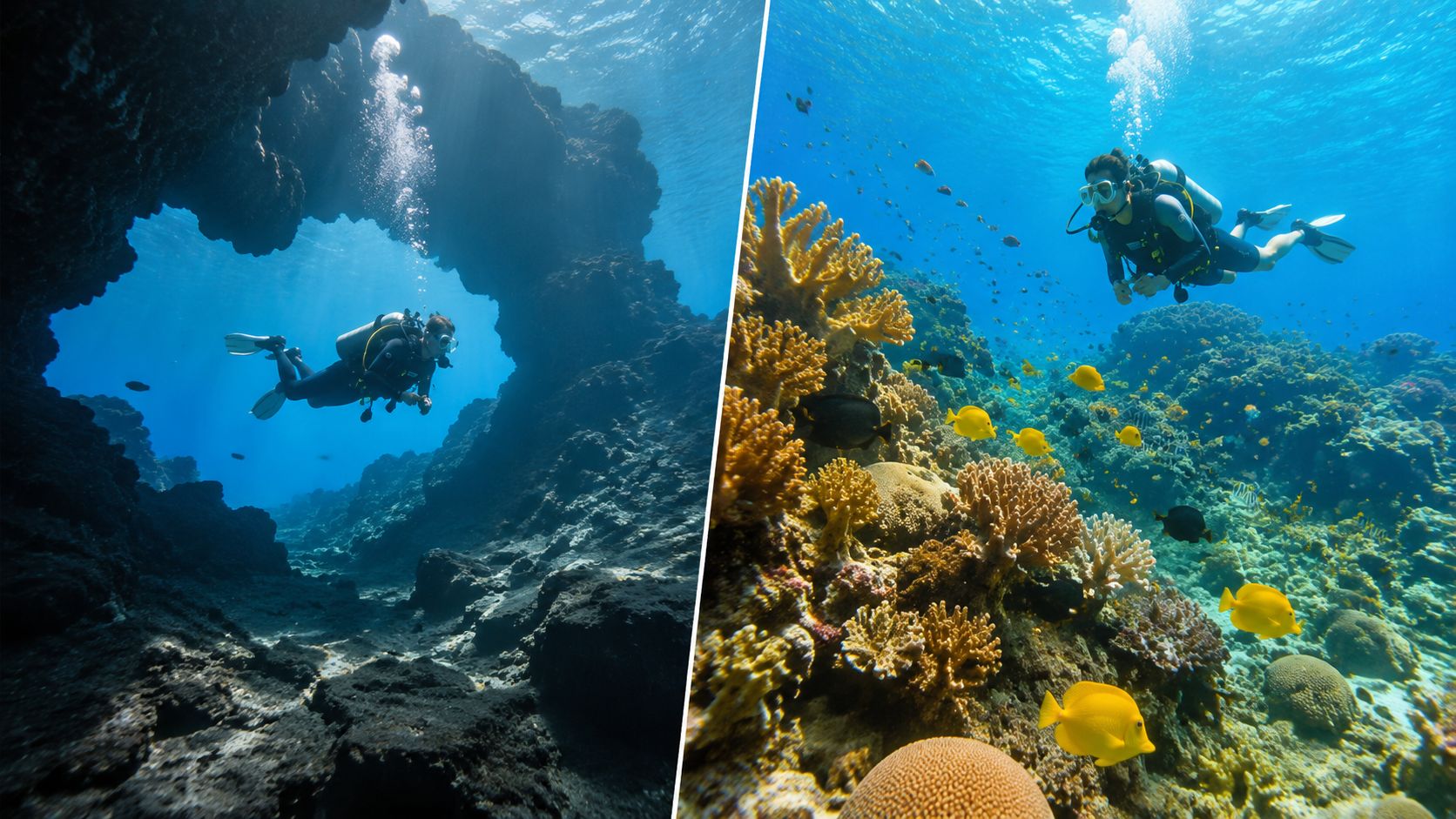A split-screen view showing a diver exploring an underwater rock arch and swimming near vibrant coral reefs.