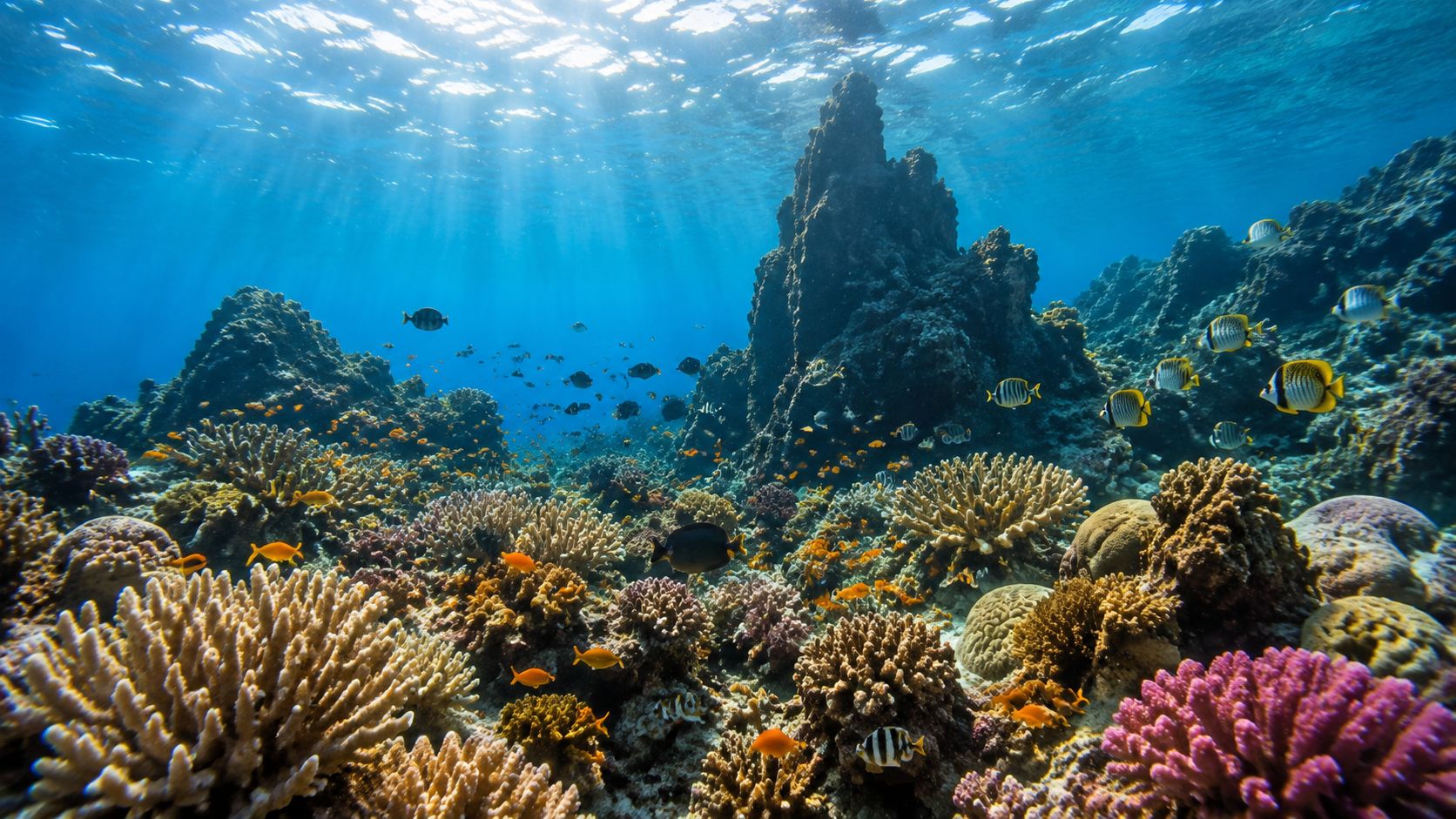 A vibrant coral reef underwater scene filled with colorful tropical fish and sunlight filtering through the water.