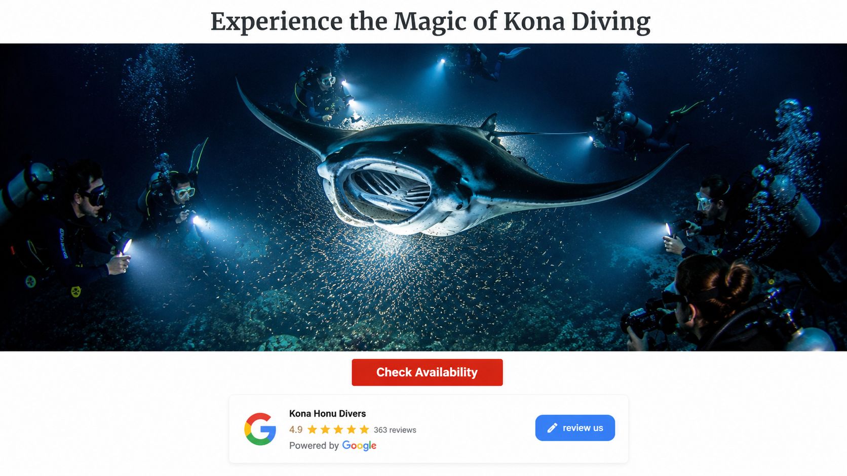 Scuba divers in Kona, Hawaii, shining flashlights on a large manta ray while underwater at night.