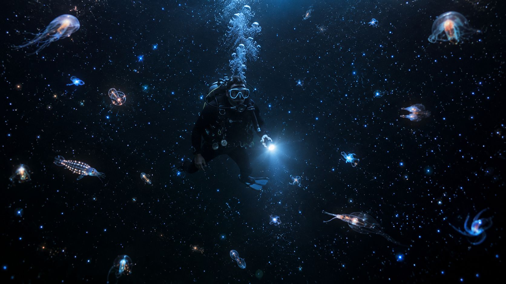 A scuba diver explores the dark ocean depths at night, illuminated by a beam of light amid bioluminescent organisms.