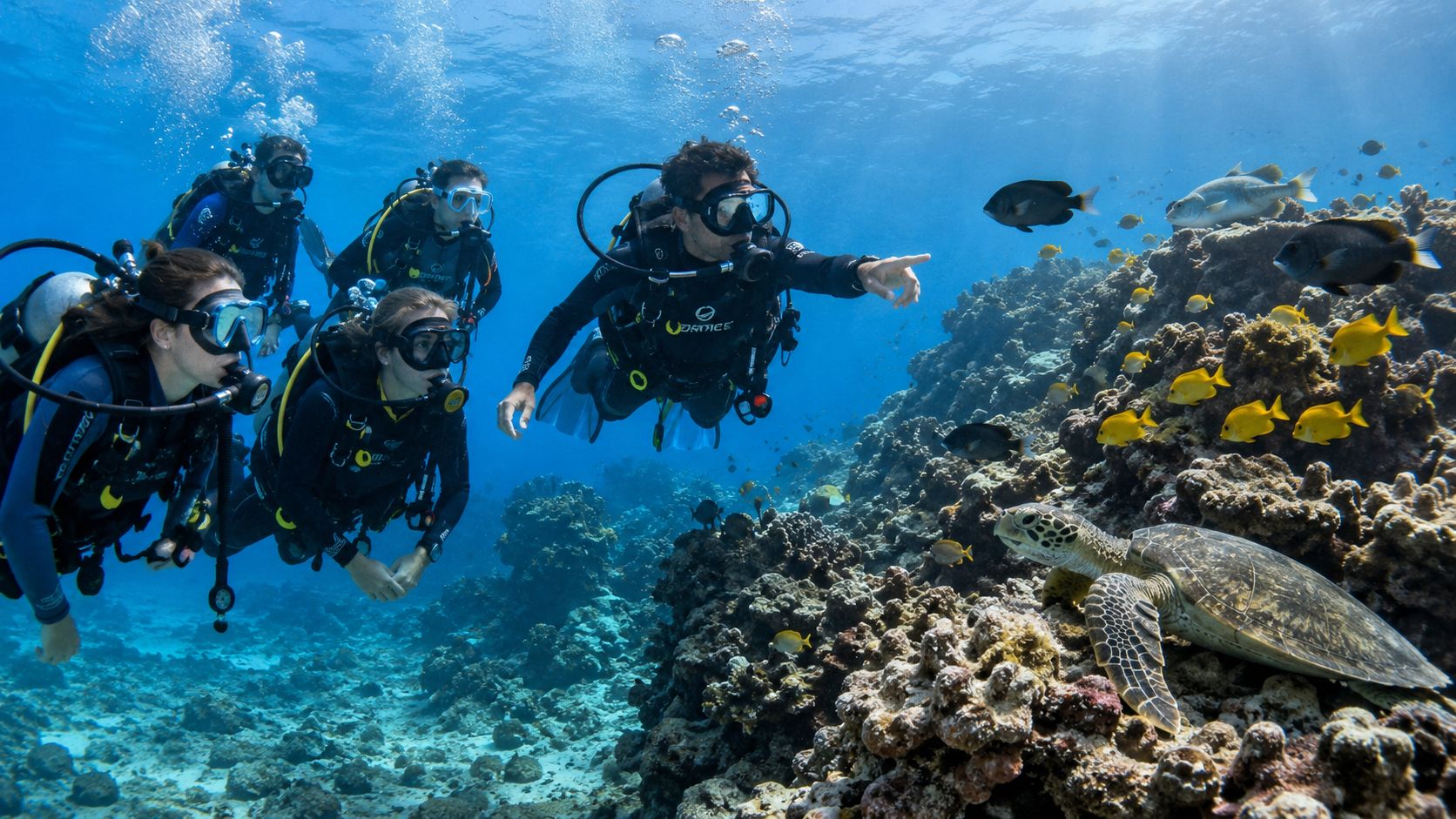Scuba divers exploring a vibrant coral reef while observing a sea turtle near Kona, Big Island.