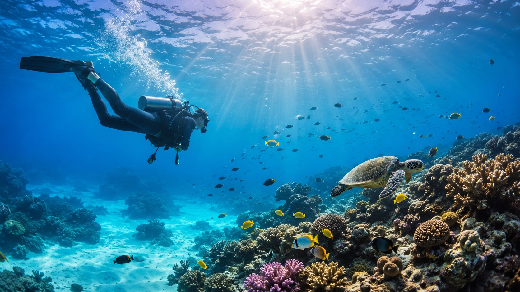 A scuba diver explores a vibrant coral reef alongside a majestic sea turtle in tropical waters.