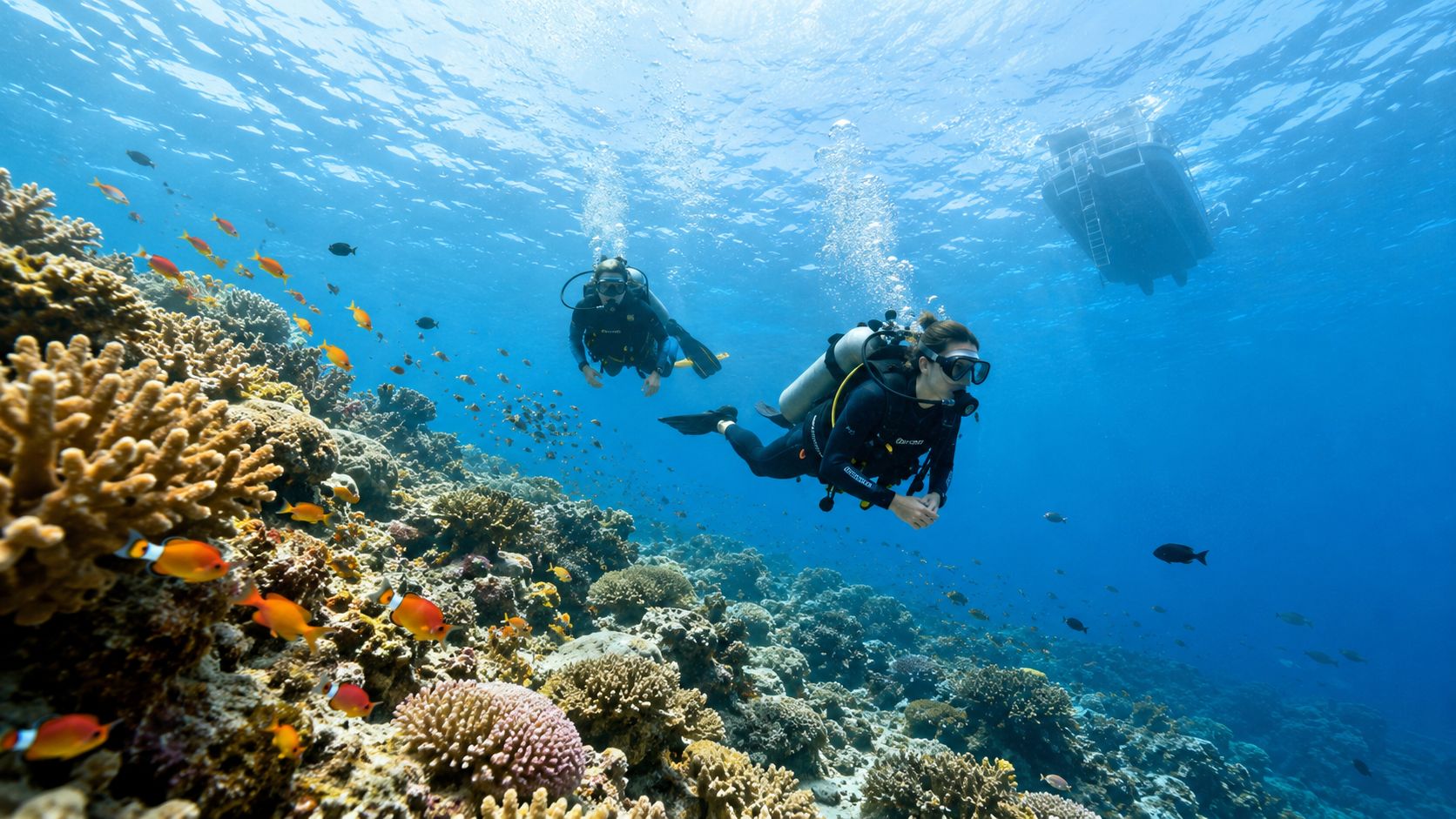 Two scuba divers swim past a colorful coral reef with many fish while a boat floats above.