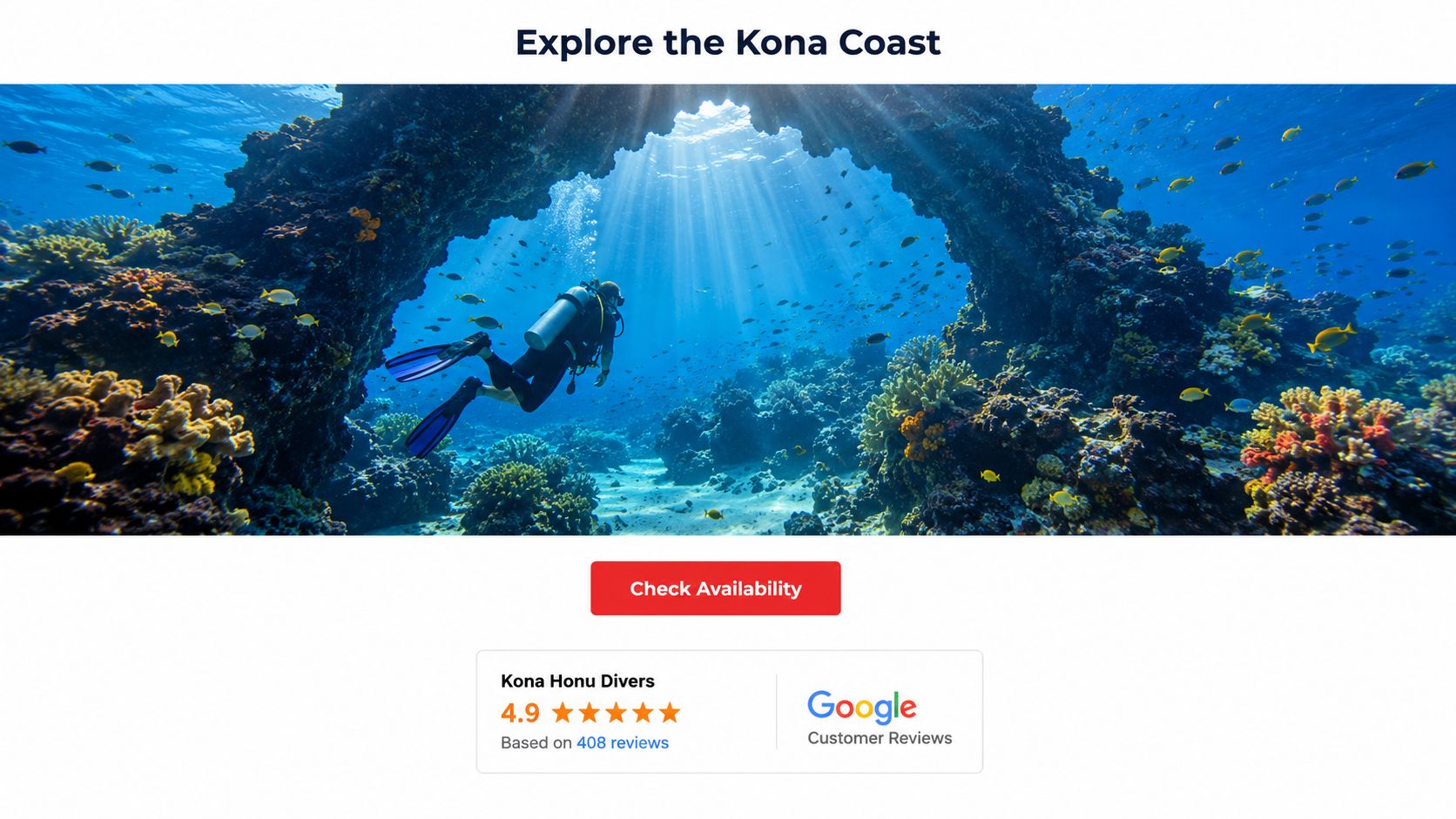 A scuba diver explores a vibrant underwater coral reef archway off the Kona Coast in Hawaii.